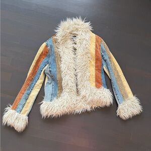Denim Patchwork Penny Lane Afghan Jacket Striped Multicolored Faux Fur Coat Boho